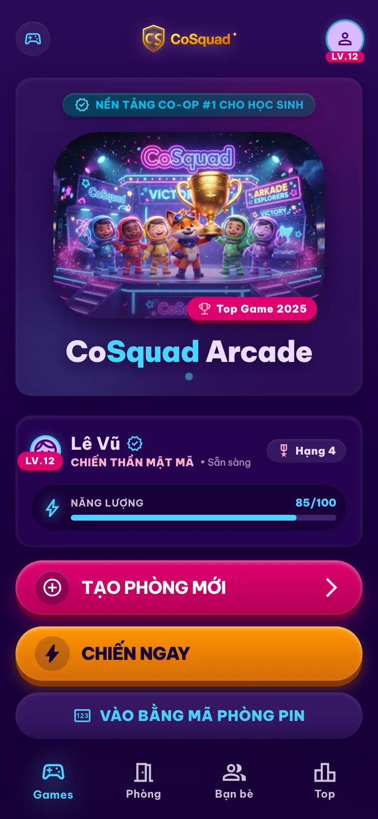 Màn hình Game Hub CoSquad